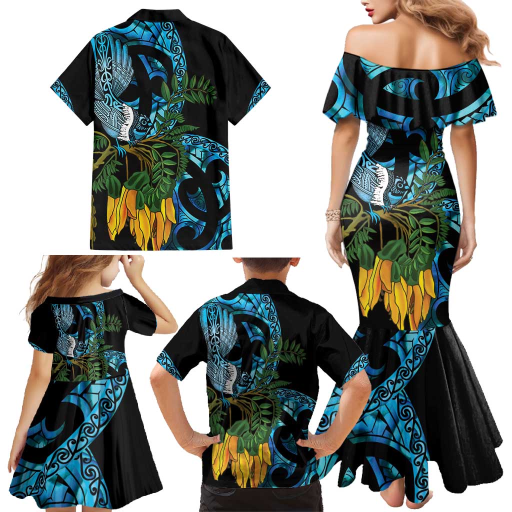 Turquoise New Zealand Kowhai And Piwakawaka Family Matching Mermaid Dress and Hawaiian Shirt Maori Ngaru Paua Shell