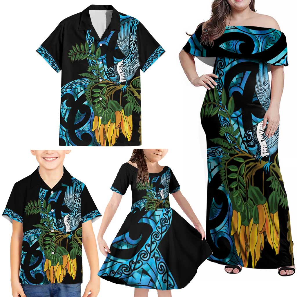 Turquoise New Zealand Kowhai And Piwakawaka Family Matching Off Shoulder Maxi Dress and Hawaiian Shirt Maori Ngaru Paua Shell