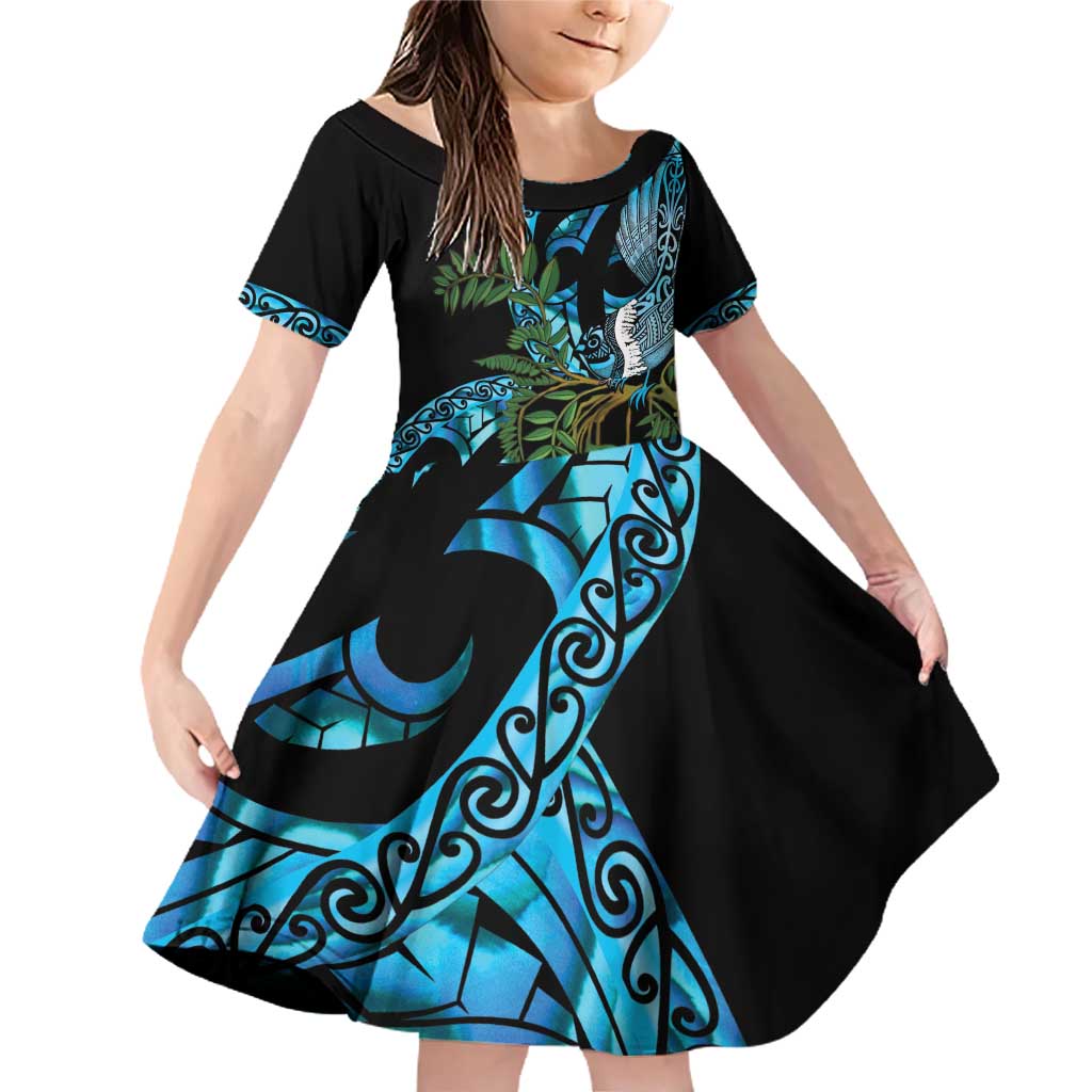 Turquoise New Zealand Kowhai And Piwakawaka Family Matching Off Shoulder Short Dress and Hawaiian Shirt Maori Ngaru Paua Shell LT14 Daughter's Dress Turquoise - Polynesian Pride