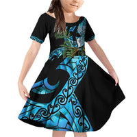 Turquoise New Zealand Kowhai And Piwakawaka Family Matching Off Shoulder Short Dress and Hawaiian Shirt Maori Ngaru Paua Shell LT14 Daughter's Dress Turquoise - Polynesian Pride