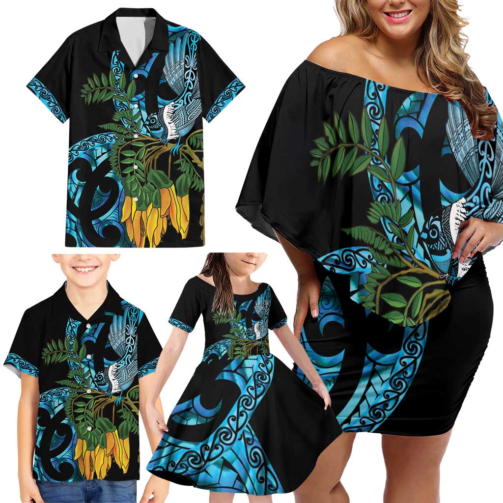 Turquoise New Zealand Kowhai And Piwakawaka Family Matching Off Shoulder Short Dress and Hawaiian Shirt Maori Ngaru Paua Shell LT14 - Polynesian Pride