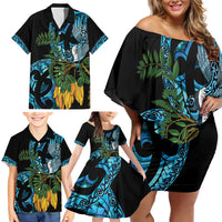 Turquoise New Zealand Kowhai And Piwakawaka Family Matching Off Shoulder Short Dress and Hawaiian Shirt Maori Ngaru Paua Shell LT14 - Polynesian Pride