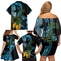 Turquoise New Zealand Kowhai And Piwakawaka Family Matching Off Shoulder Short Dress and Hawaiian Shirt Maori Ngaru Paua Shell LT14 - Polynesian Pride