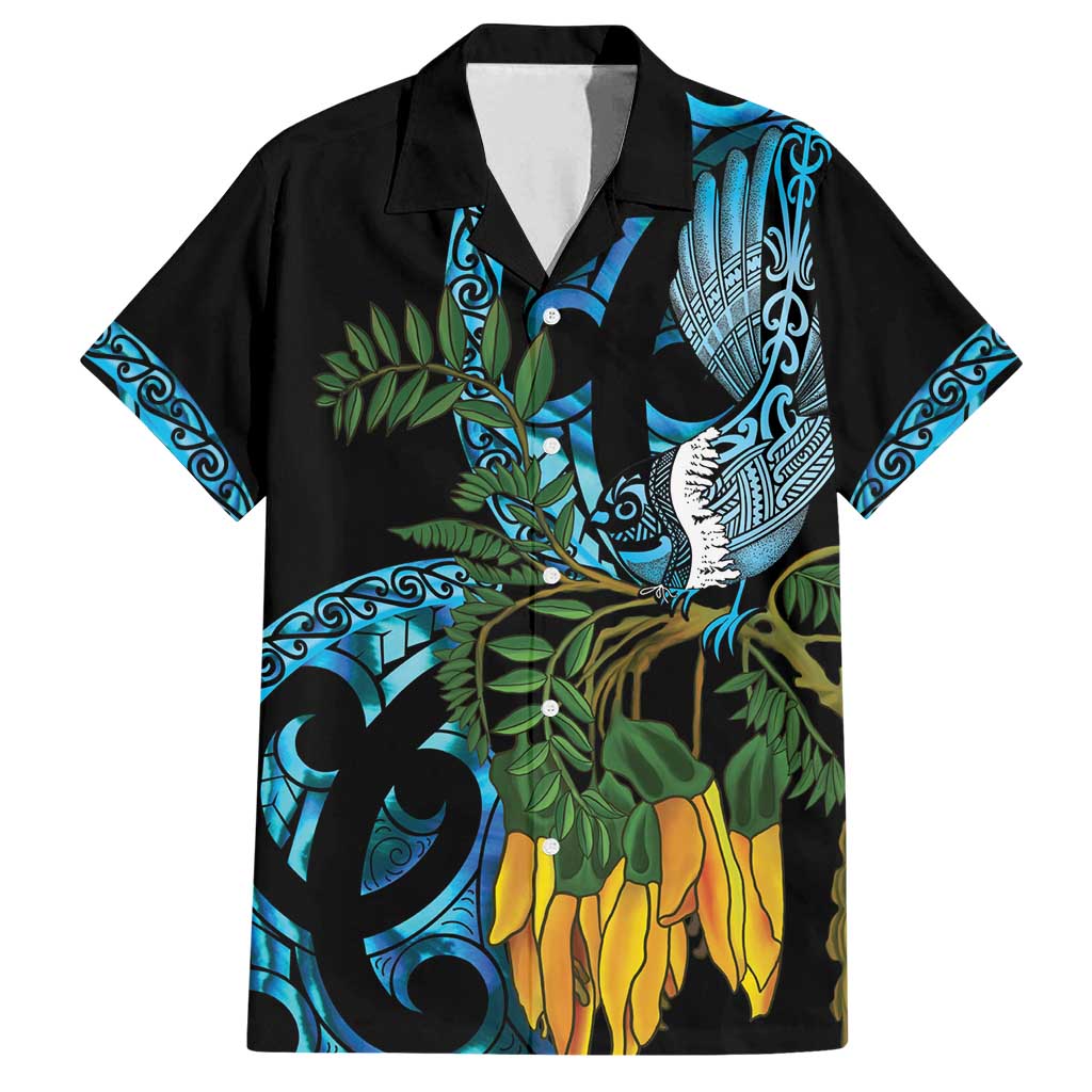 Turquoise New Zealand Kowhai And Piwakawaka Family Matching Off Shoulder Short Dress and Hawaiian Shirt Maori Ngaru Paua Shell LT14 Dad's Shirt - Short Sleeve Turquoise - Polynesian Pride