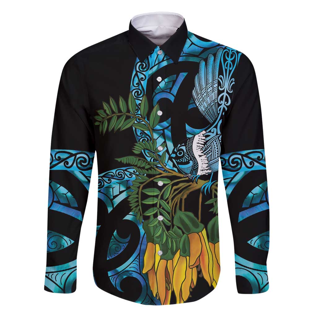 Turquoise New Zealand Kowhai And Piwakawaka Family Matching Off Shoulder Short Dress and Hawaiian Shirt Maori Ngaru Paua Shell LT14 Dad's Shirt - Long Sleeve Turquoise - Polynesian Pride