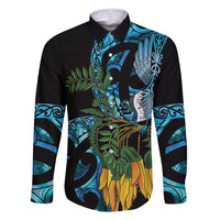 Turquoise New Zealand Kowhai And Piwakawaka Family Matching Off Shoulder Short Dress and Hawaiian Shirt Maori Ngaru Paua Shell LT14 Dad's Shirt - Long Sleeve Turquoise - Polynesian Pride