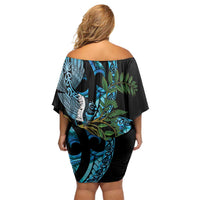 Turquoise New Zealand Kowhai And Piwakawaka Family Matching Off Shoulder Short Dress and Hawaiian Shirt Maori Ngaru Paua Shell LT14 - Polynesian Pride