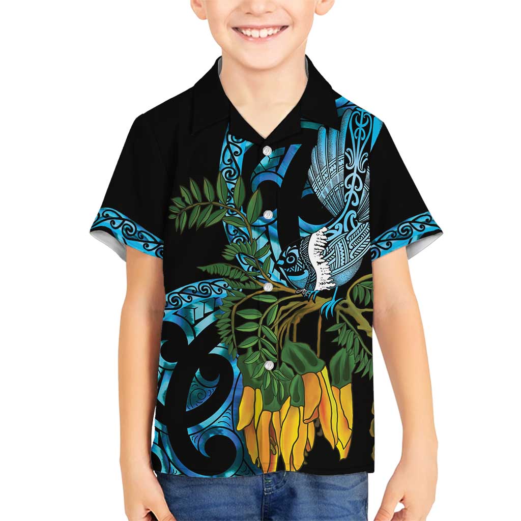 Turquoise New Zealand Kowhai And Piwakawaka Family Matching Off Shoulder Short Dress and Hawaiian Shirt Maori Ngaru Paua Shell LT14 Son's Shirt Turquoise - Polynesian Pride