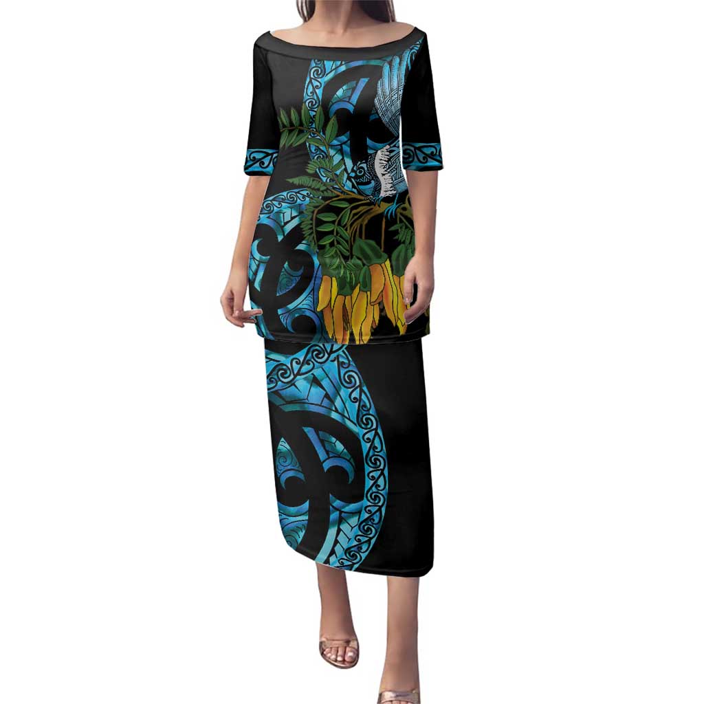 Turquoise New Zealand Kowhai And Piwakawaka Family Matching Puletasi and Hawaiian Shirt Maori Ngaru Paua Shell