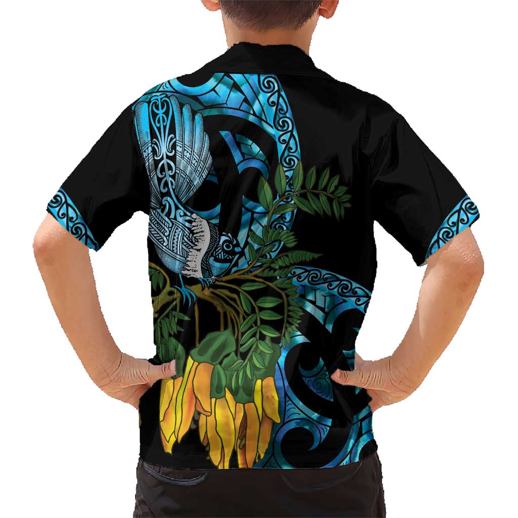 Turquoise New Zealand Kowhai And Piwakawaka Family Matching Short Sleeve Bodycon Dress and Hawaiian Shirt Maori Ngaru Paua Shell