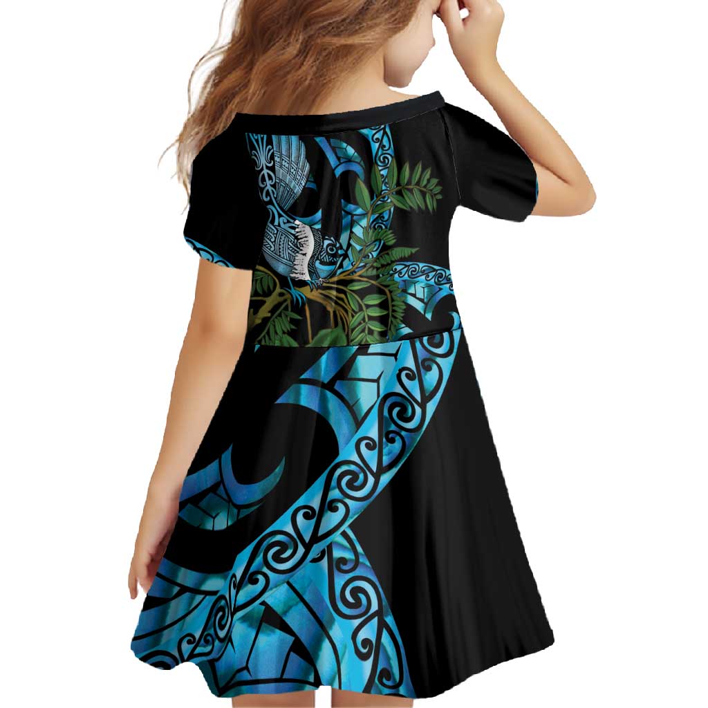 Turquoise New Zealand Kowhai And Piwakawaka Family Matching Short Sleeve Bodycon Dress and Hawaiian Shirt Maori Ngaru Paua Shell