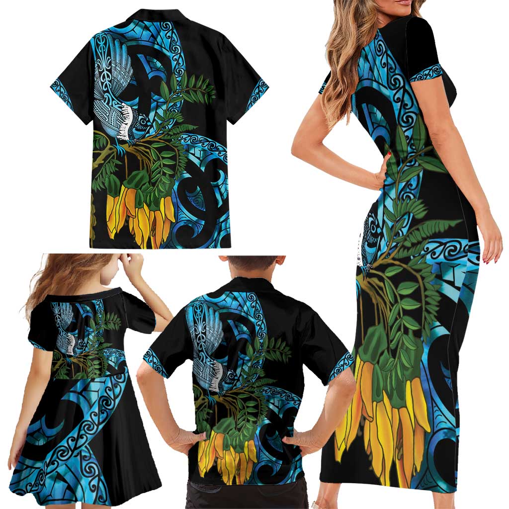 Turquoise New Zealand Kowhai And Piwakawaka Family Matching Short Sleeve Bodycon Dress and Hawaiian Shirt Maori Ngaru Paua Shell