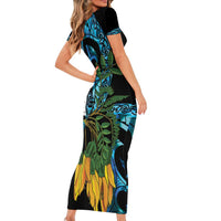 Turquoise New Zealand Kowhai And Piwakawaka Family Matching Short Sleeve Bodycon Dress and Hawaiian Shirt Maori Ngaru Paua Shell