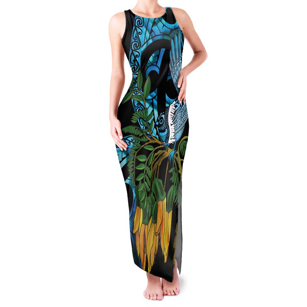 Turquoise New Zealand Kowhai And Piwakawaka Family Matching Tank Maxi Dress and Hawaiian Shirt Maori Ngaru Paua Shell