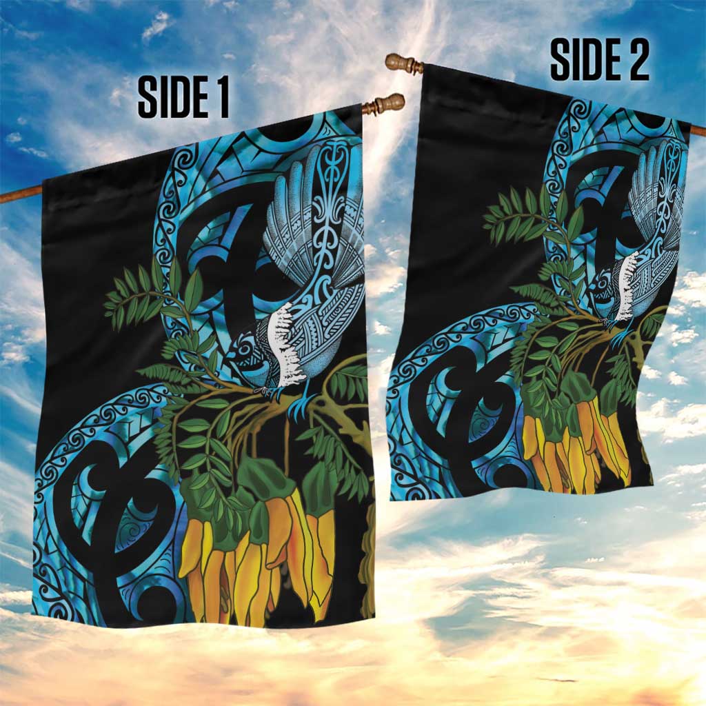 Turquoise New Zealand Kowhai And Piwakawaka Garden Flag Maori Ngaru Paua Shell
