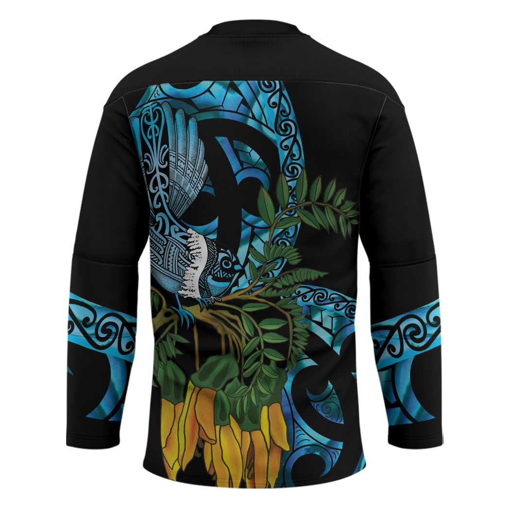 Turquoise New Zealand Kowhai And Piwakawaka Hockey Jersey Maori Ngaru Paua Shell - Polynesian Pride