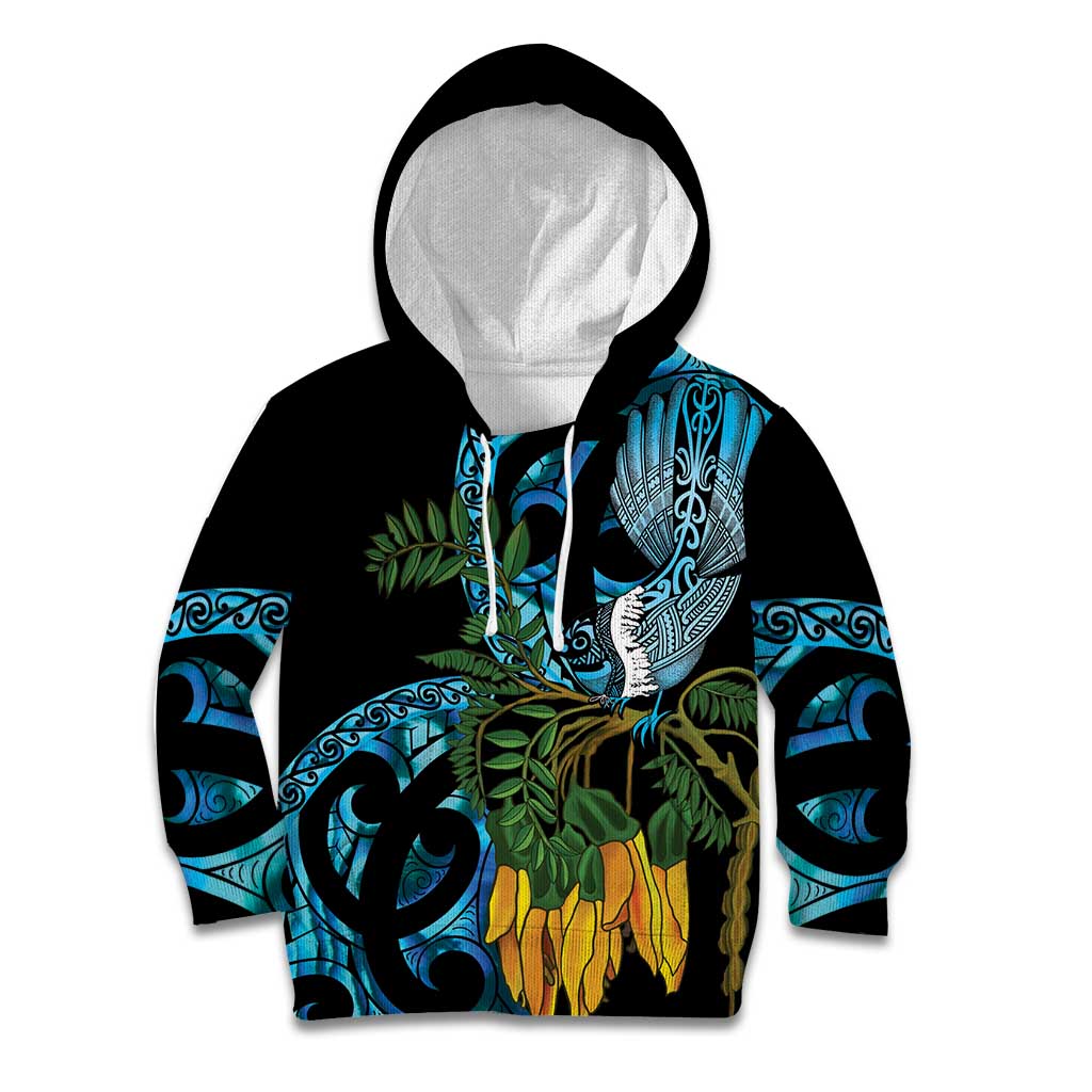 Turquoise New Zealand Kowhai And Piwakawaka Kid Hoodie Maori Ngaru Paua Shell