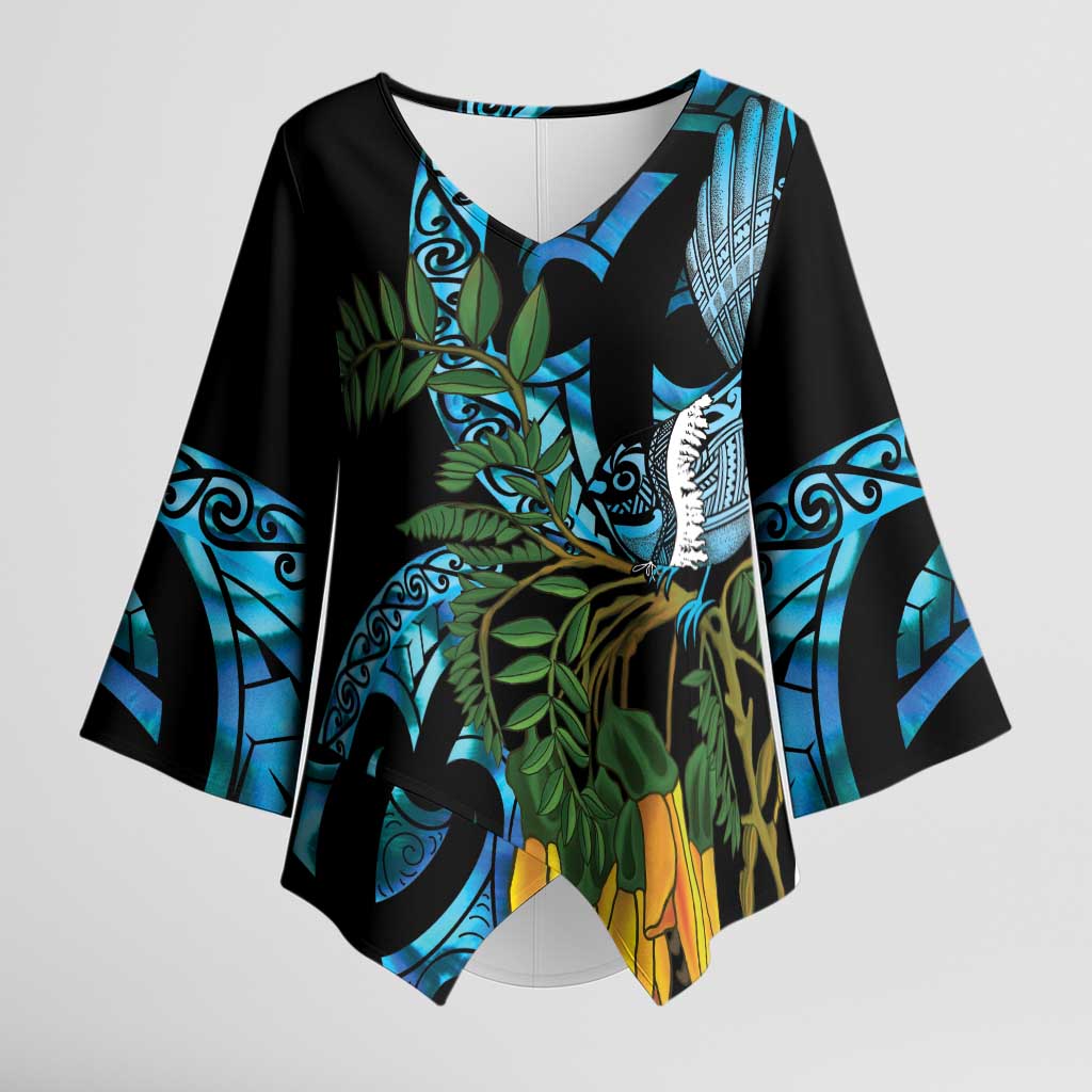 Turquoise New Zealand Kowhai And Piwakawaka Kimono Sleeve Blouse Maori Ngaru Paua Shell - Polynesian Pride