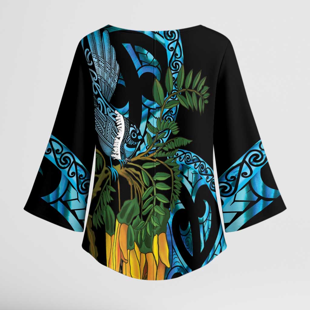 Turquoise New Zealand Kowhai And Piwakawaka Kimono Sleeve Blouse Maori Ngaru Paua Shell - Polynesian Pride