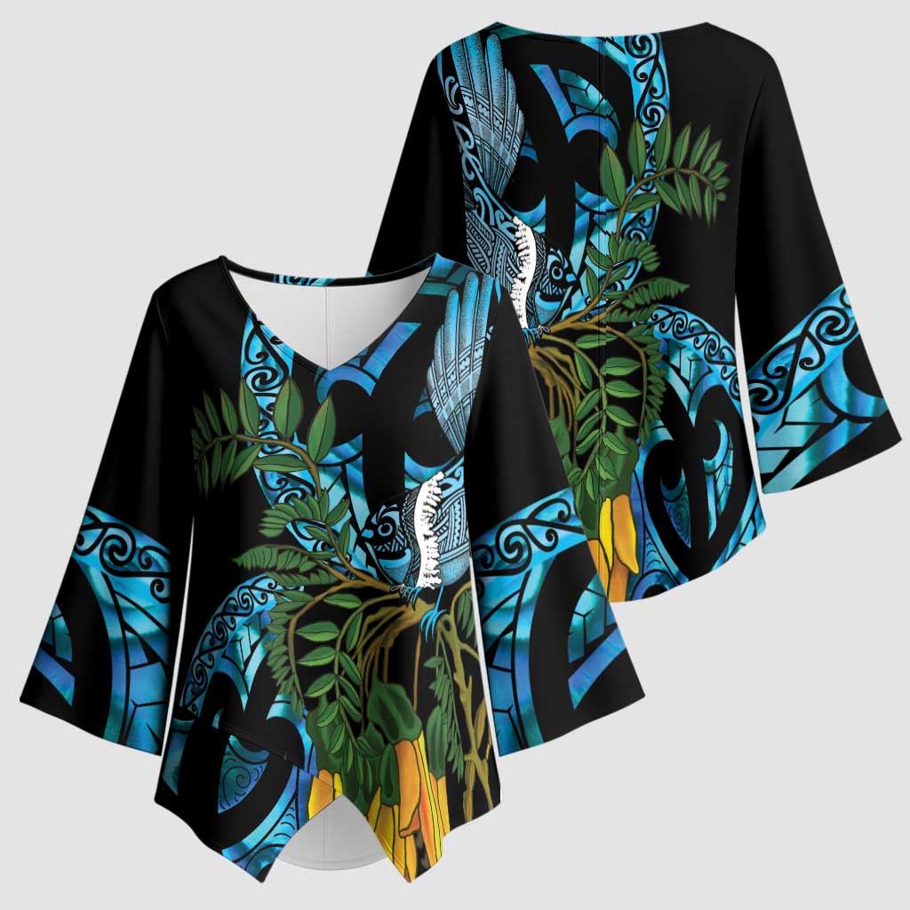 Turquoise New Zealand Kowhai And Piwakawaka Kimono Sleeve Blouse Maori Ngaru Paua Shell - Polynesian Pride