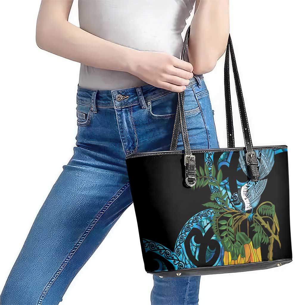 Turquoise New Zealand Kowhai And Piwakawaka Leather Tote Bag Maori Ngaru Paua Shell