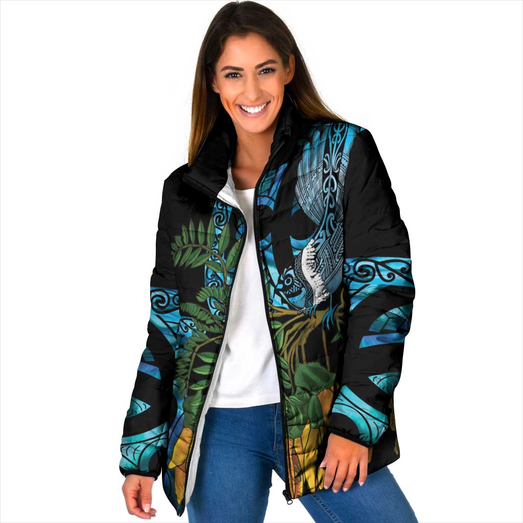 Turquoise New Zealand Kowhai And Piwakawaka Padded Jacket Maori Ngaru Paua Shell - Polynesian Pride