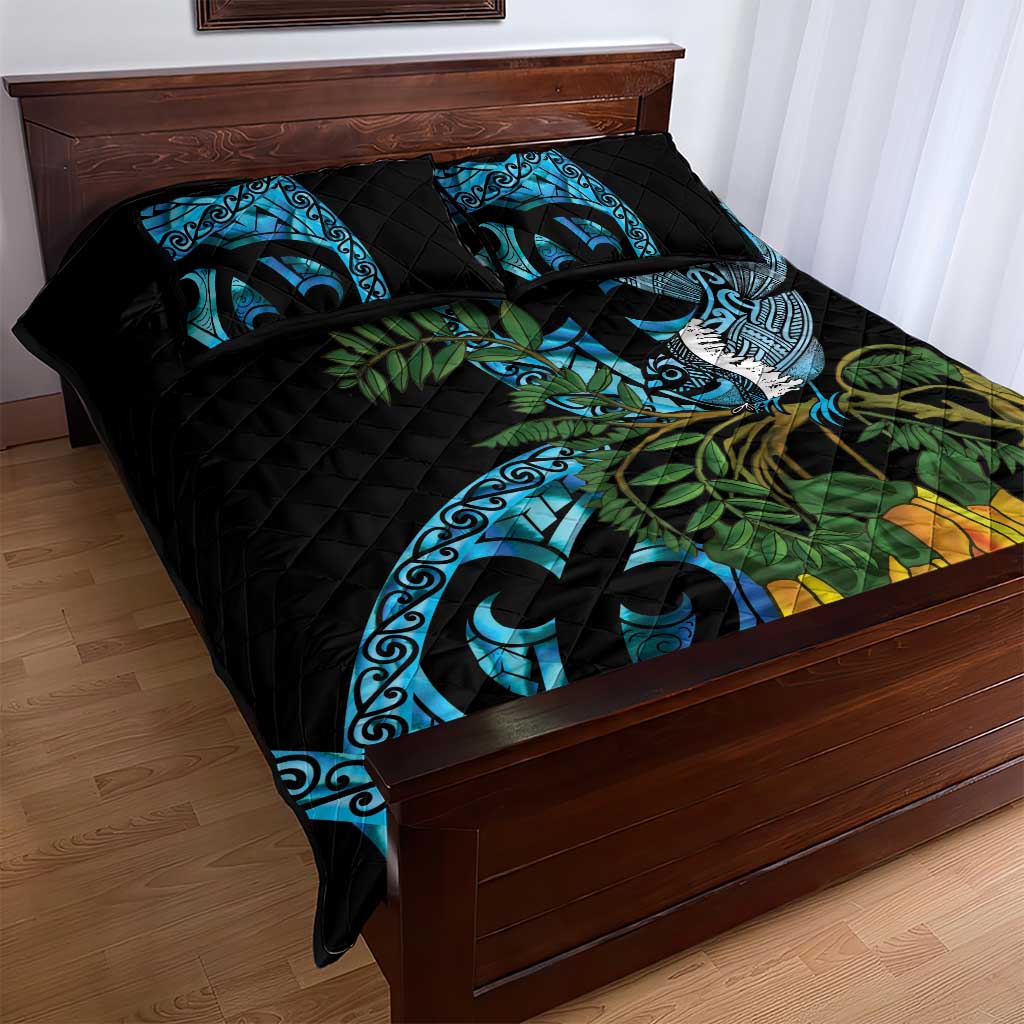 Turquoise New Zealand Kowhai And Piwakawaka Quilt Bed Set Maori Ngaru Paua Shell