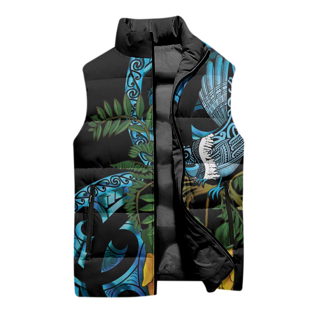 Turquoise New Zealand Kowhai And Piwakawaka Sleeveless Puffer Jacket Maori Ngaru Paua Shell - Polynesian Pride