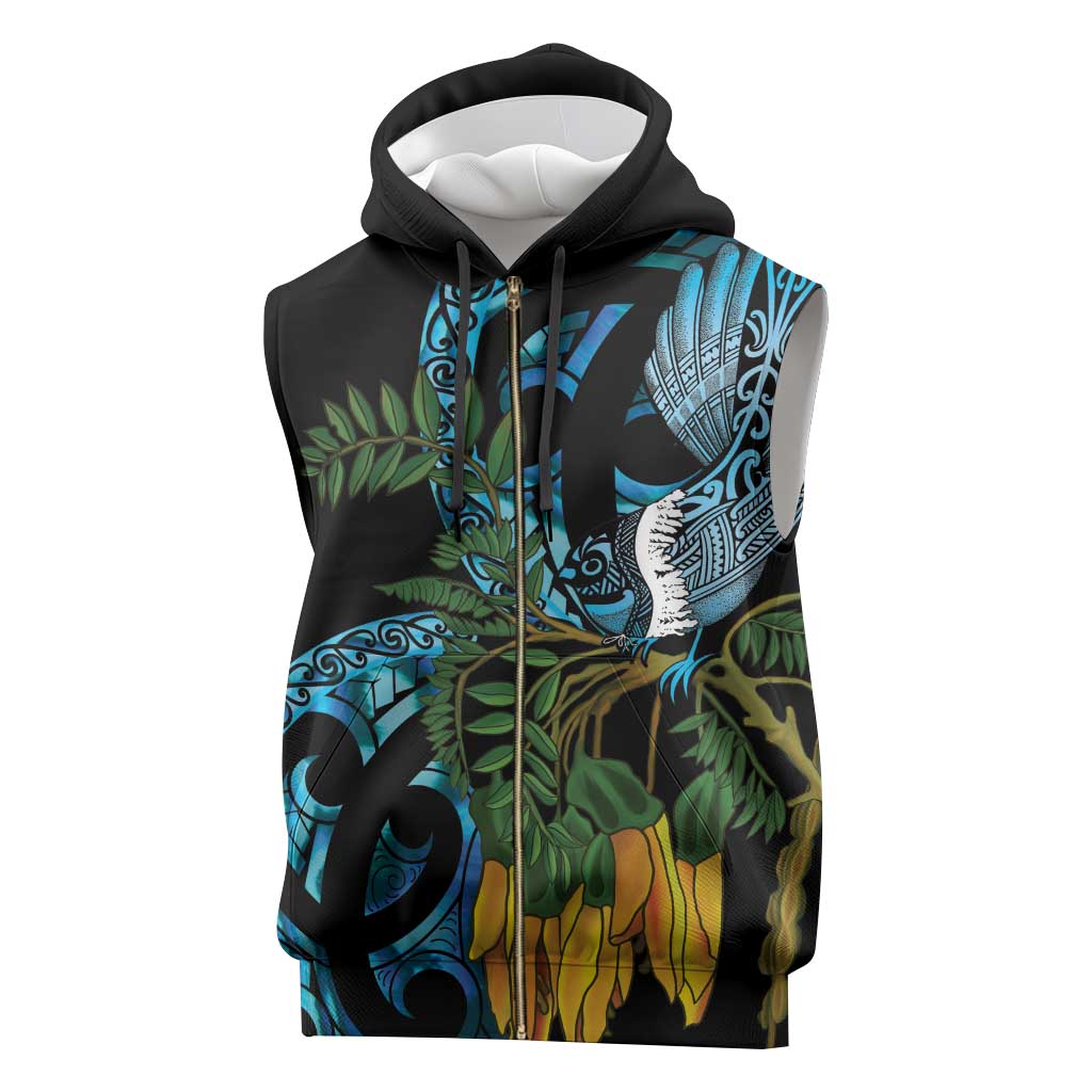 Turquoise New Zealand Kowhai And Piwakawaka Sleeveless Zip Hoodie Maori Ngaru Paua Shell - Polynesian Pride