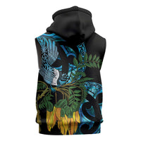 Turquoise New Zealand Kowhai And Piwakawaka Sleeveless Zip Hoodie Maori Ngaru Paua Shell - Polynesian Pride
