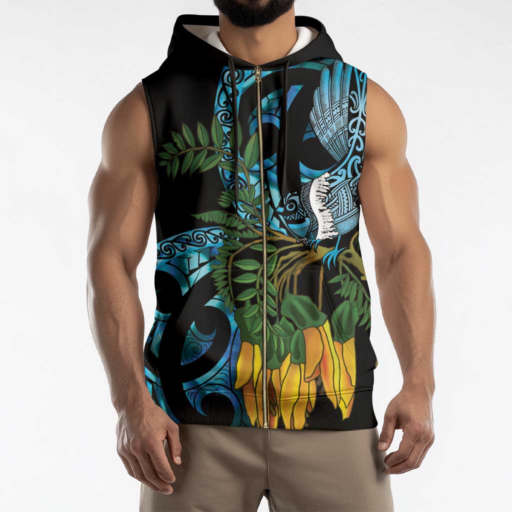 Turquoise New Zealand Kowhai And Piwakawaka Sleeveless Zip Hoodie Maori Ngaru Paua Shell - Polynesian Pride