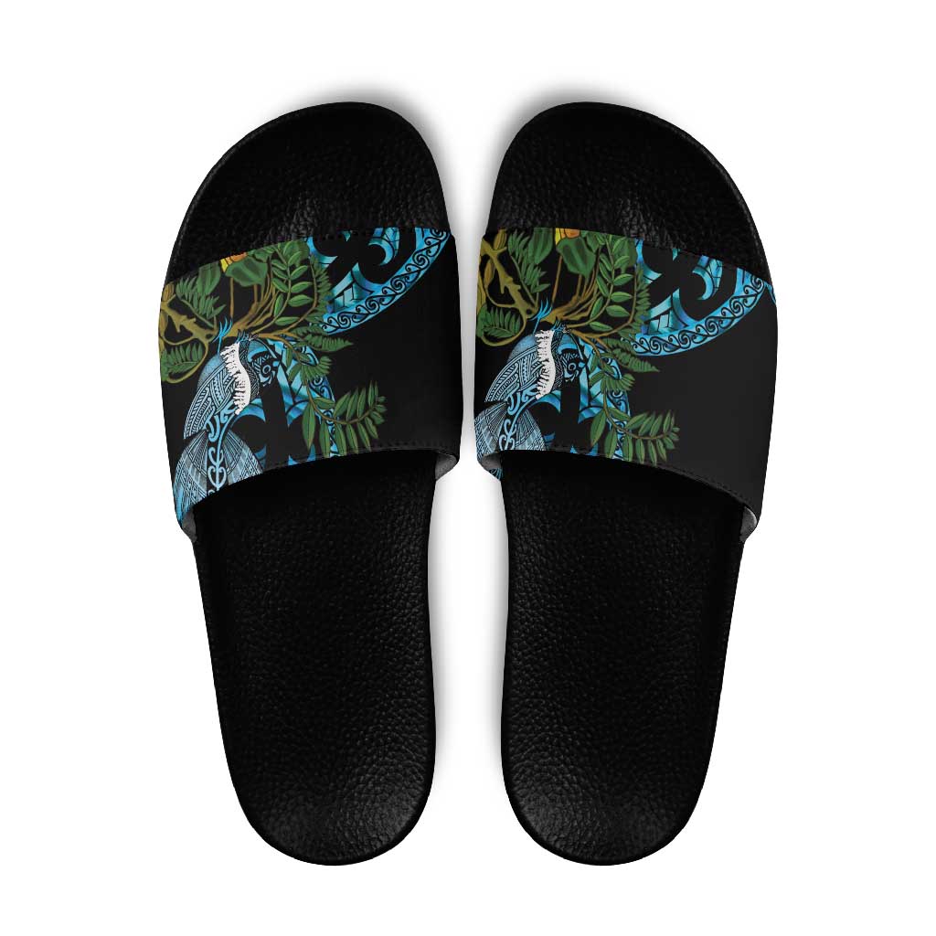 Turquoise New Zealand Kowhai And Piwakawaka Slide Sandals Maori Ngaru Paua Shell - Polynesian Pride