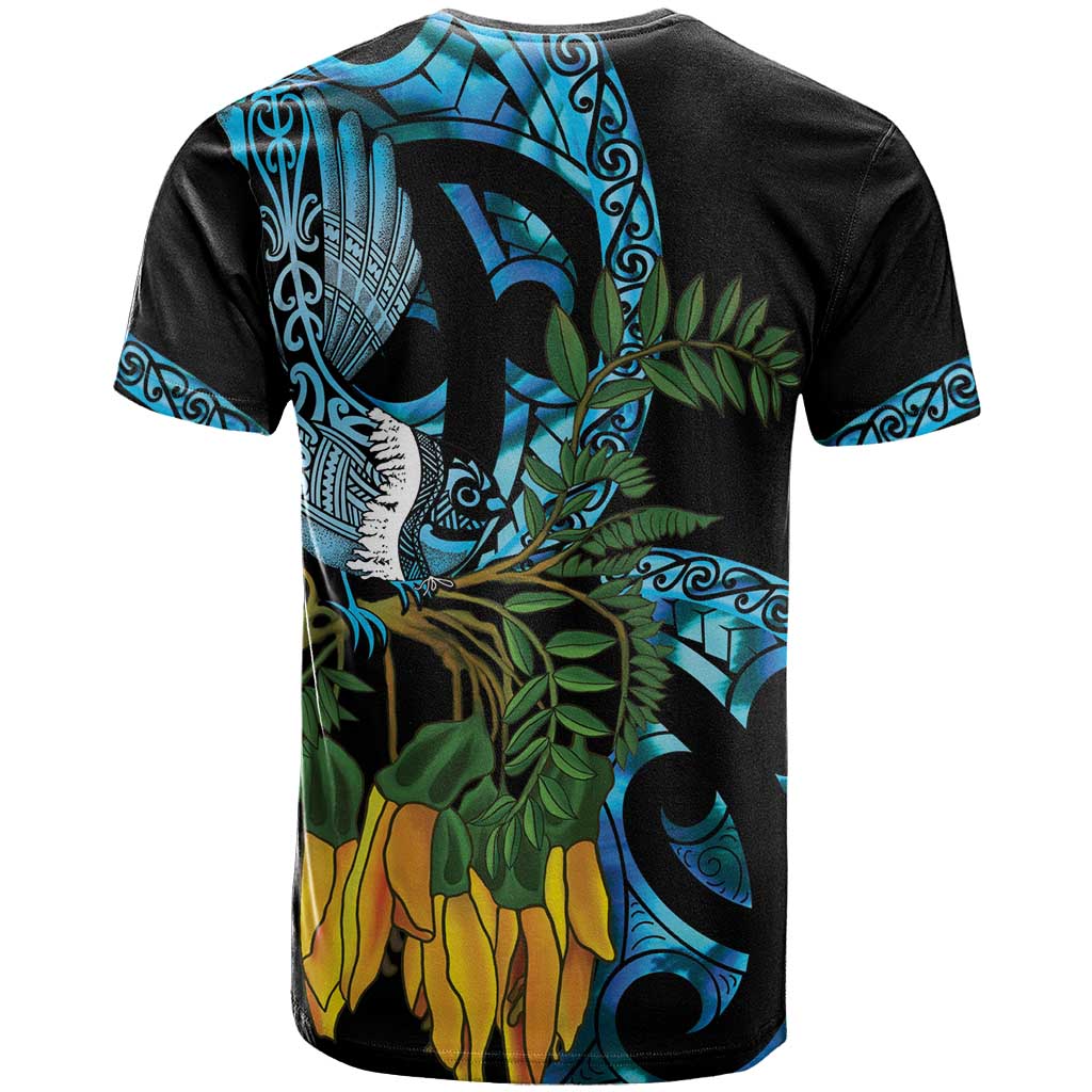 Turquoise New Zealand Kowhai And Piwakawaka T Shirt Maori Ngaru Paua Shell