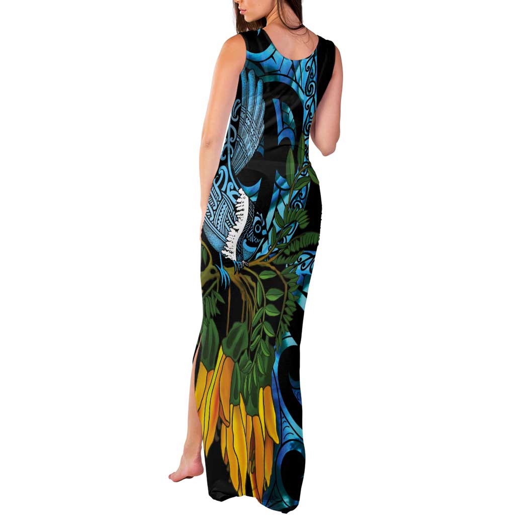Turquoise New Zealand Kowhai And Piwakawaka Tank Maxi Dress Maori Ngaru Paua Shell