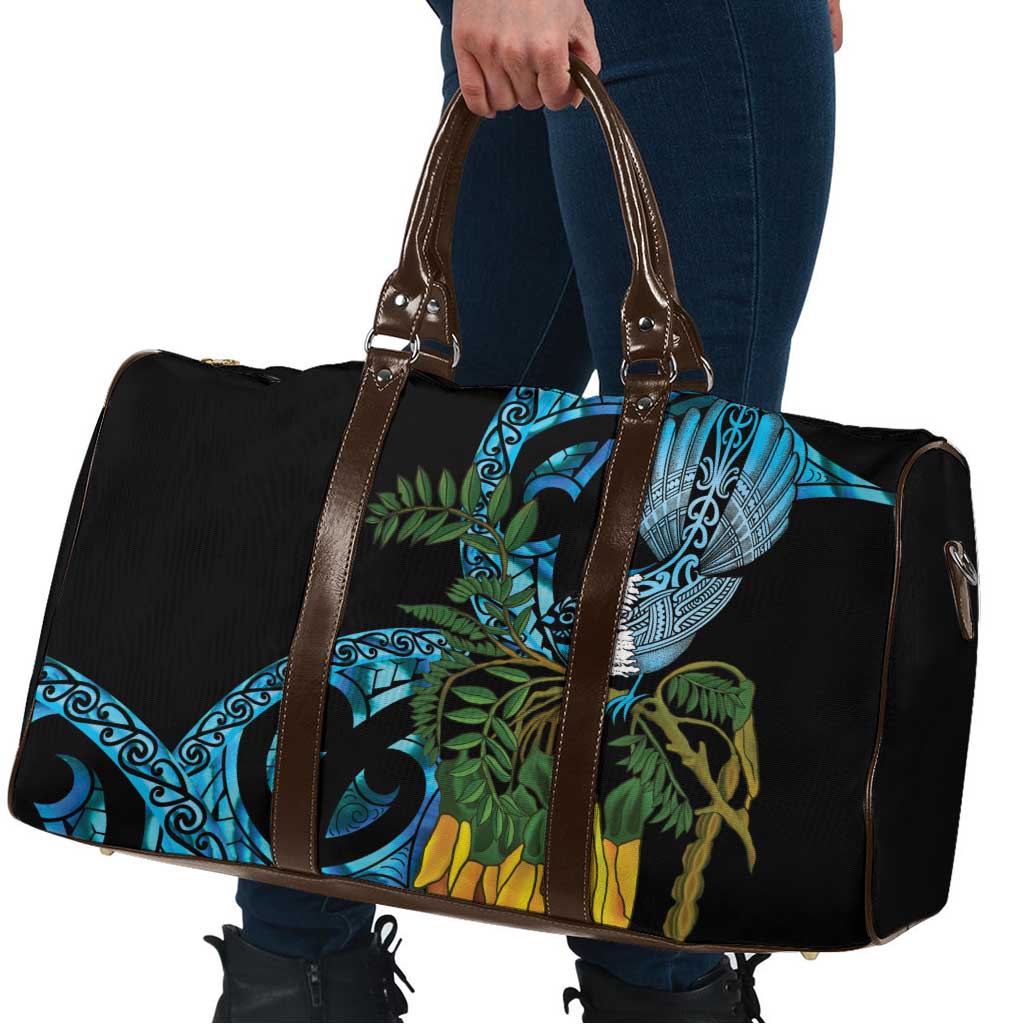 Turquoise New Zealand Kowhai And Piwakawaka Travel Bag Maori Ngaru Paua Shell - Polynesian Pride