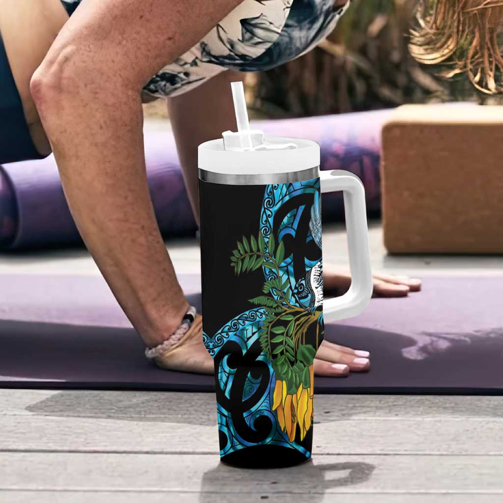 Turquoise New Zealand Kowhai And Piwakawaka Tumbler With Handle Maori Ngaru Paua Shell