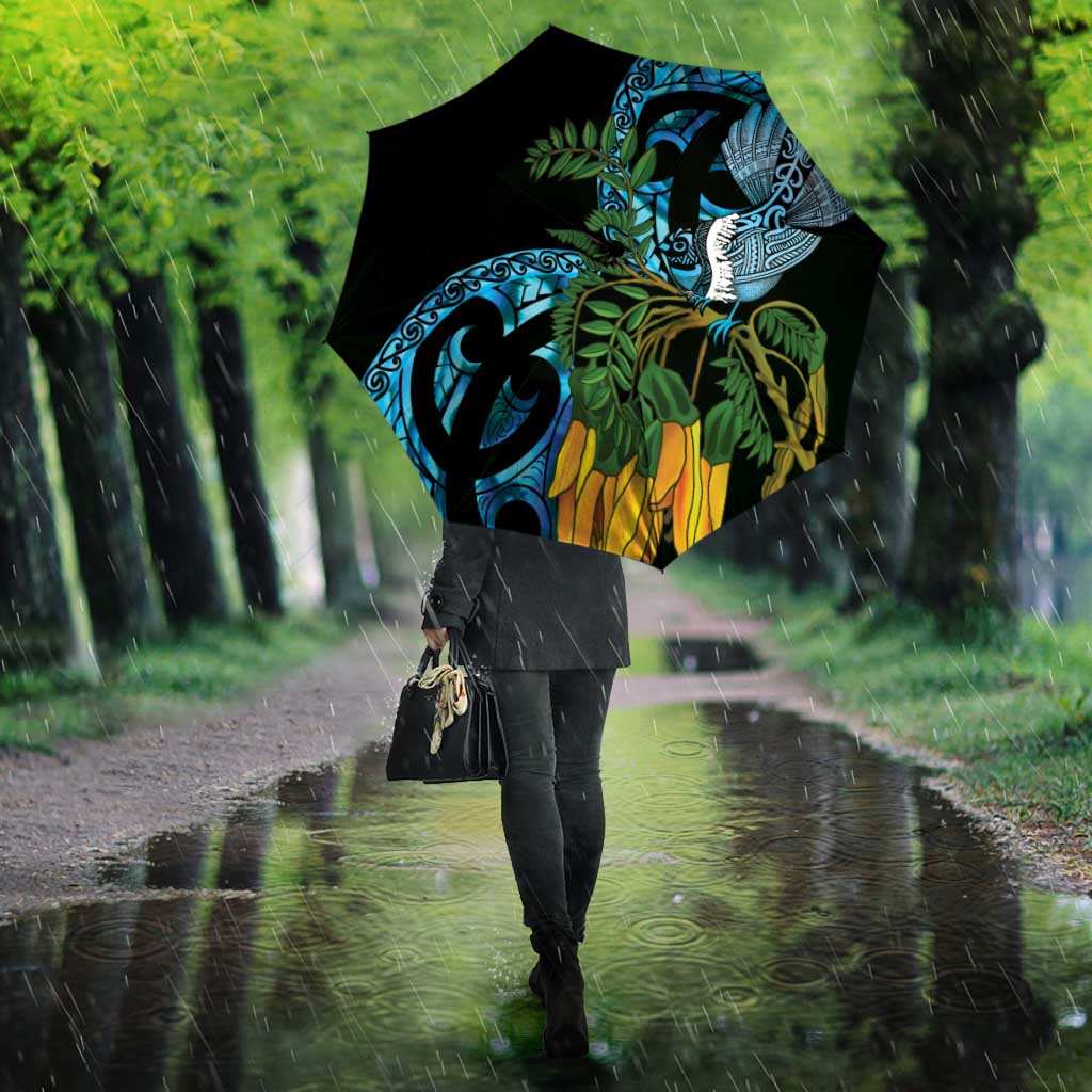 Turquoise New Zealand Kowhai And Piwakawaka Umbrella Maori Ngaru Paua Shell - Polynesian Pride