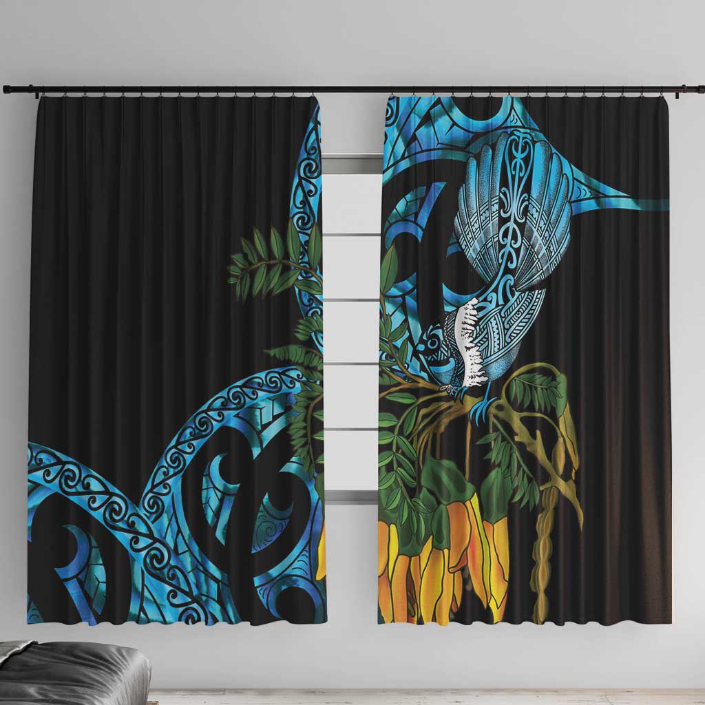 Turquoise New Zealand Kowhai And Piwakawaka Window Curtain Maori Ngaru Paua Shell