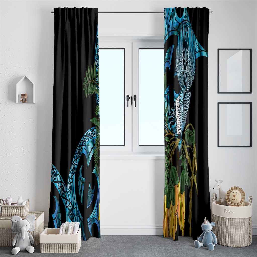Turquoise New Zealand Kowhai And Piwakawaka Window Curtain Maori Ngaru Paua Shell