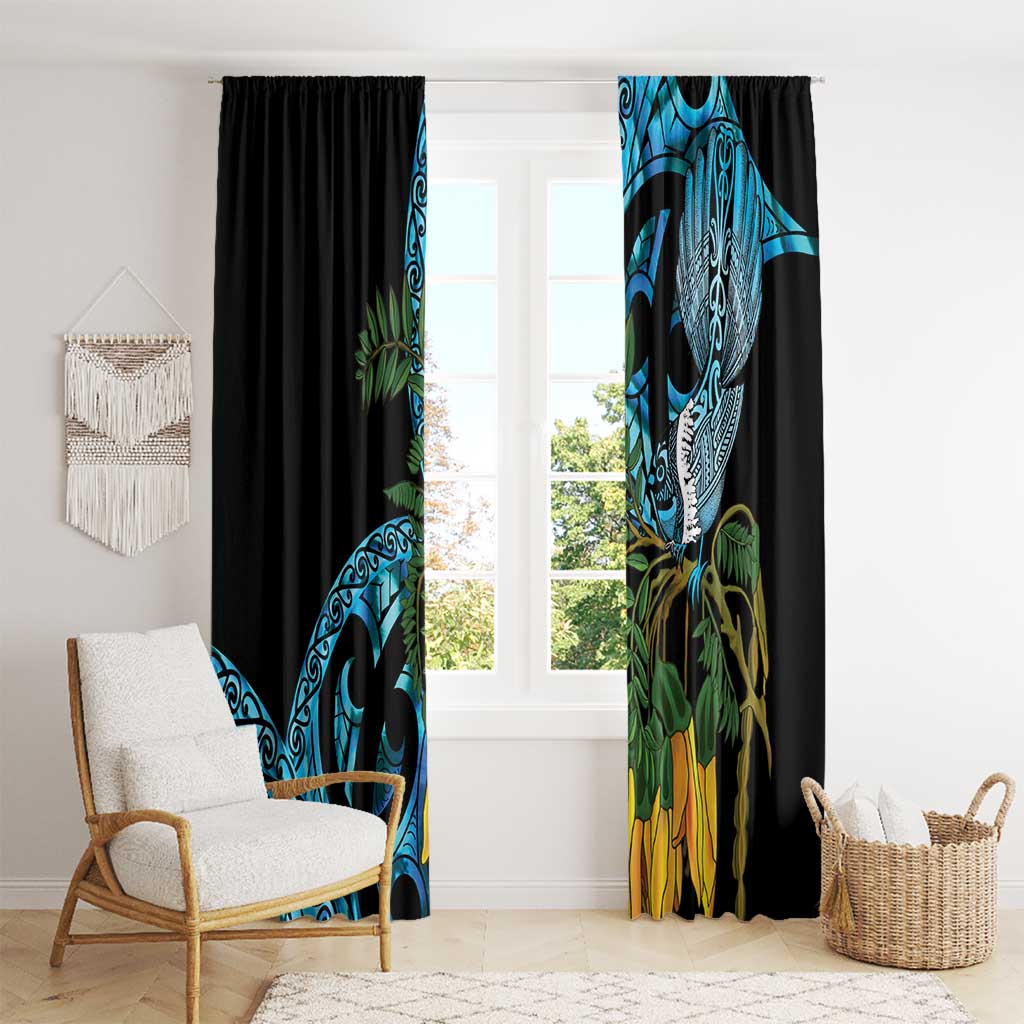 Turquoise New Zealand Kowhai And Piwakawaka Window Curtain Maori Ngaru Paua Shell