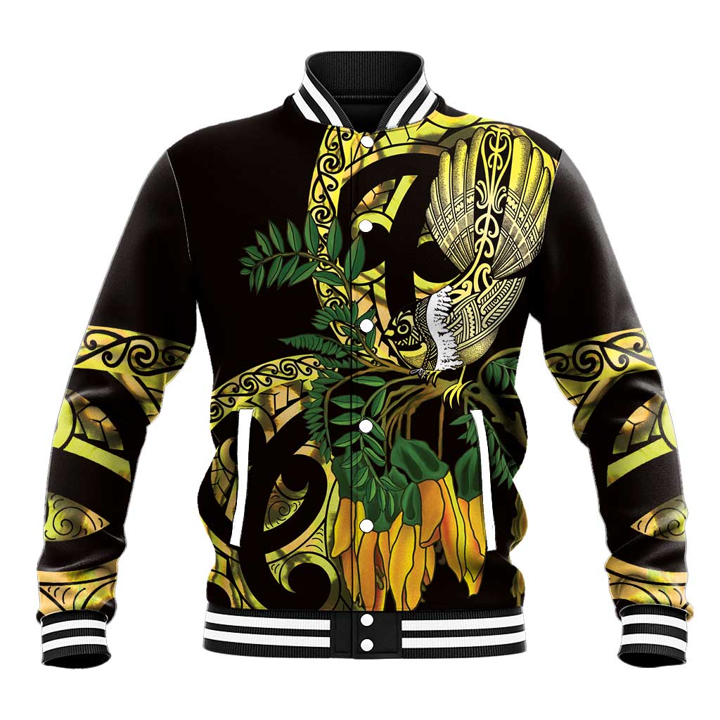 Yellow New Zealand Kowhai And Piwakawaka Baseball Jacket Maori Ngaru Paua Shell LT14 Unisex Yellow - Polynesian Pride