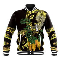 Yellow New Zealand Kowhai And Piwakawaka Baseball Jacket Maori Ngaru Paua Shell LT14 Unisex Yellow - Polynesian Pride