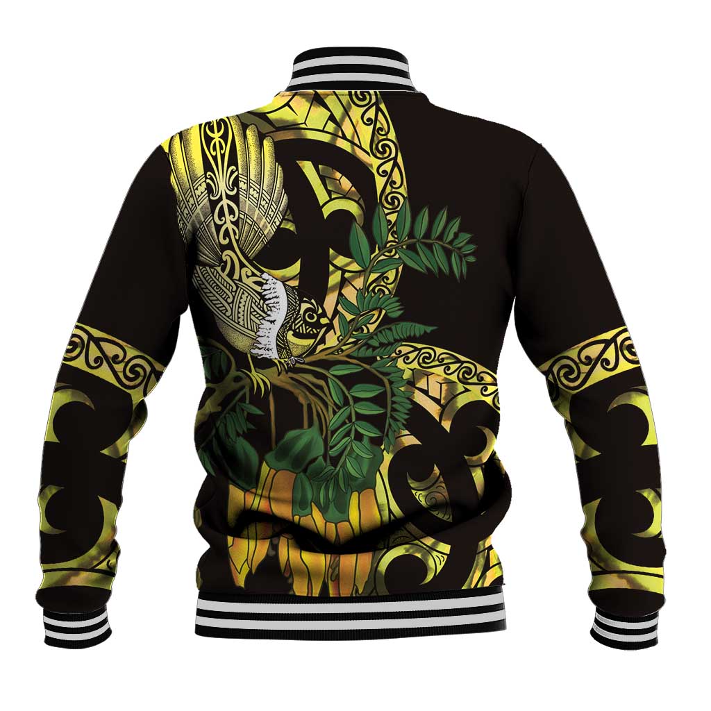 Yellow New Zealand Kowhai And Piwakawaka Baseball Jacket Maori Ngaru Paua Shell LT14 - Polynesian Pride