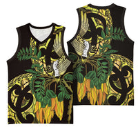 Yellow New Zealand Kowhai And Piwakawaka Basketball Jersey Maori Ngaru Paua Shell - Polynesian Pride