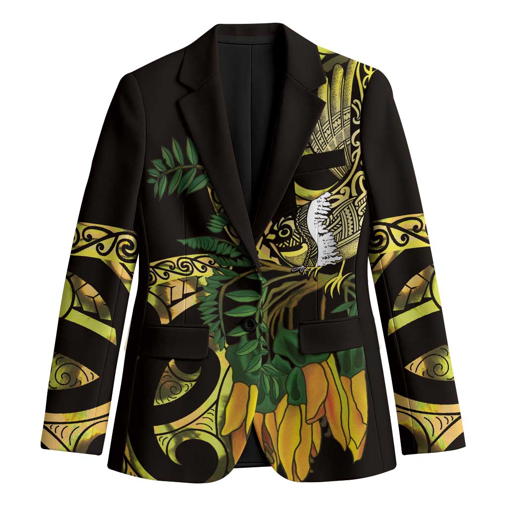 Yellow New Zealand Kowhai And Piwakawaka Blazer Maori Ngaru Paua Shell - Polynesian Pride