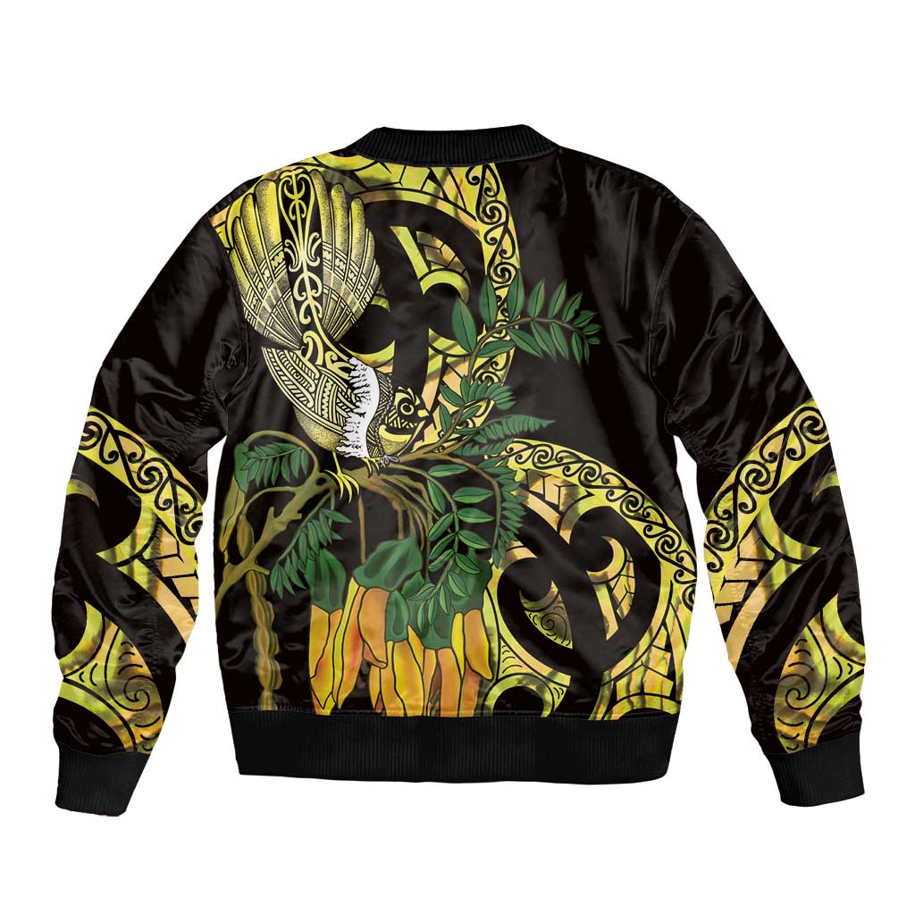 Yellow New Zealand Kowhai And Piwakawaka Bomber Jacket Maori Ngaru Paua Shell