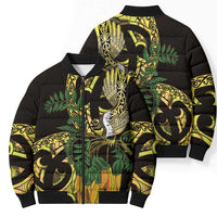 Yellow New Zealand Kowhai And Piwakawaka Bomber Puffer Jacket Maori Ngaru Paua Shell - Polynesian Pride