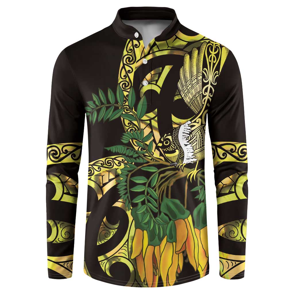 Yellow New Zealand Kowhai And Piwakawaka Button Sweatshirt Maori Ngaru Paua Shell LT14 Yellow - Polynesian Pride
