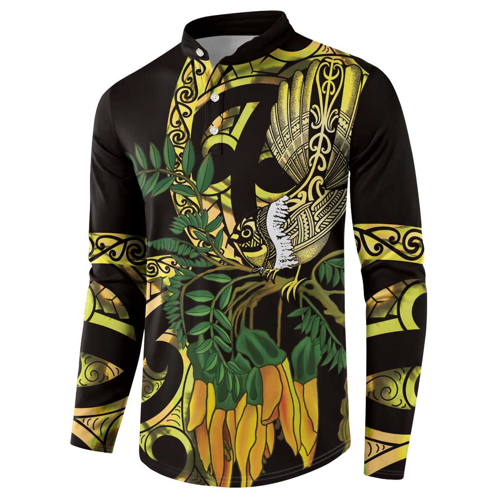 Yellow New Zealand Kowhai And Piwakawaka Button Sweatshirt Maori Ngaru Paua Shell LT14 - Polynesian Pride