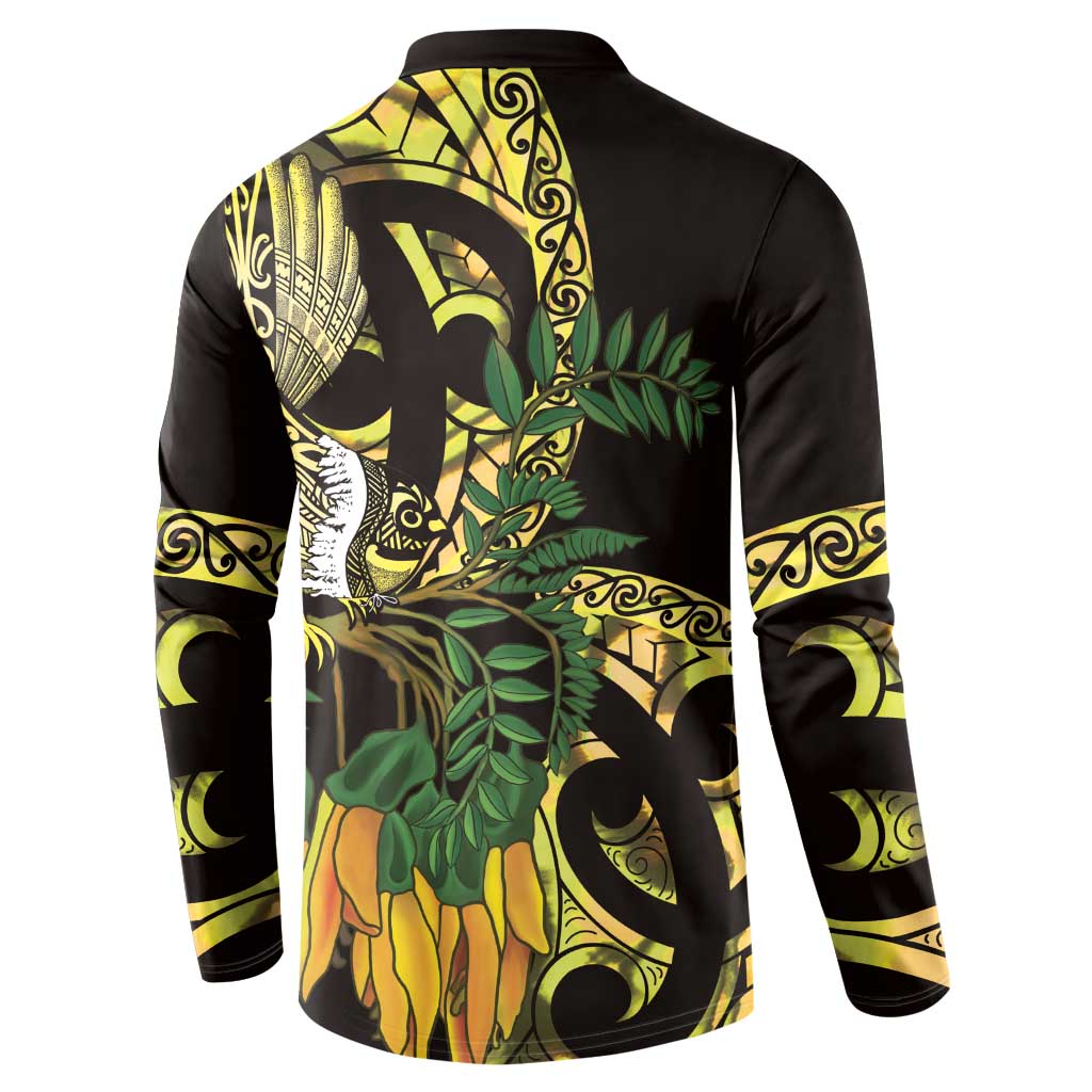 Yellow New Zealand Kowhai And Piwakawaka Button Sweatshirt Maori Ngaru Paua Shell LT14 - Polynesian Pride